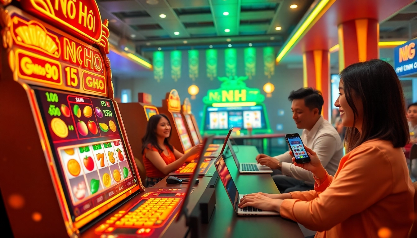 Exciting scene of Nổ Hũ slot game with vibrant players and jackpot symbols.
