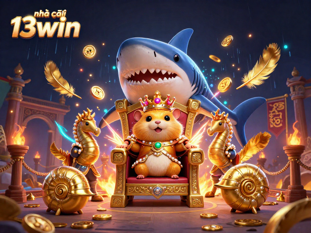 Experience the excitement at nhà cái 13win with a vibrant 3D casino scene featuring a golden hamster king and underwater elements.