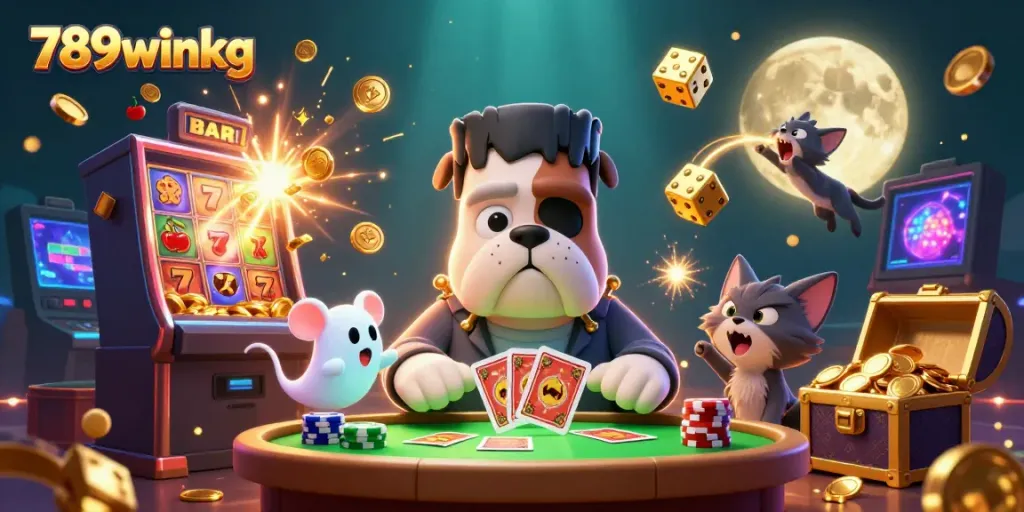 Experience the fun at 789winkg casino with a whimsical scene of unique characters and thrilling gaming elements.