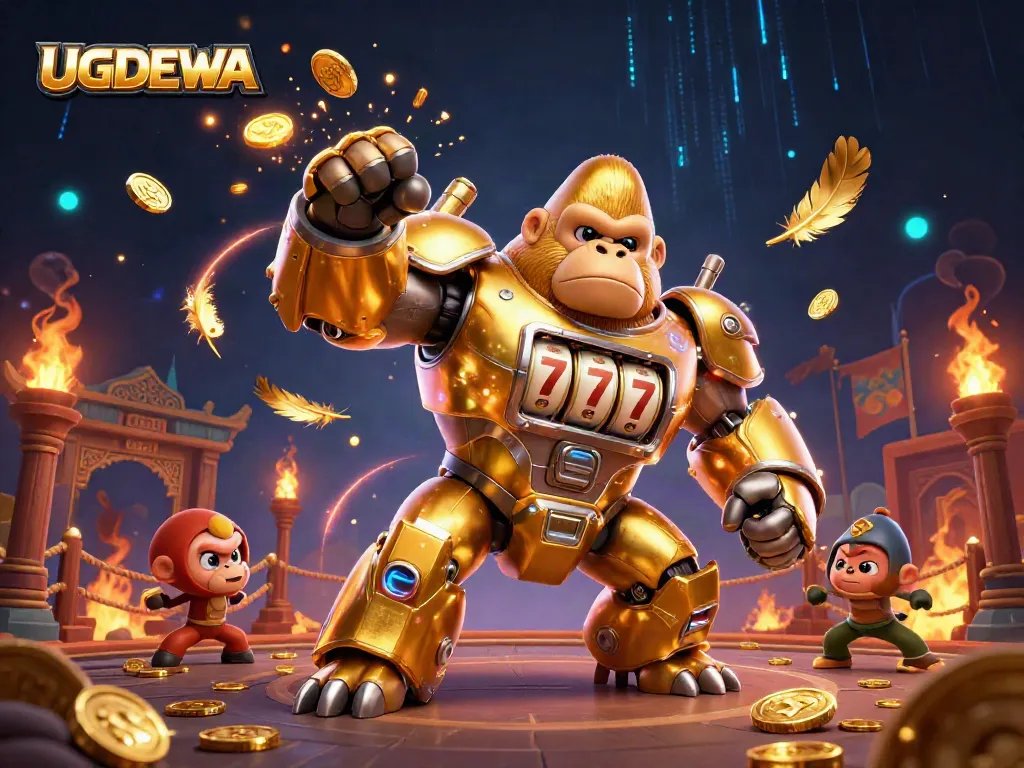 Experience thrilling gameplay with UGDEWA's golden gorilla mech surrounded by casino elements.