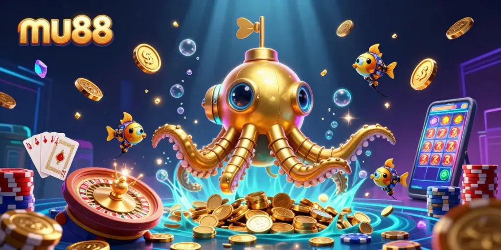 Engage with mu88's thrilling games featuring a golden kraken amid sparkling casino elements.