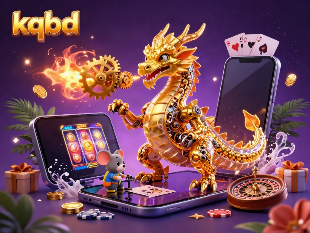 Engage with kqbd's enchanting golden dragon amidst dynamic gaming themes and vibrant casino elements.