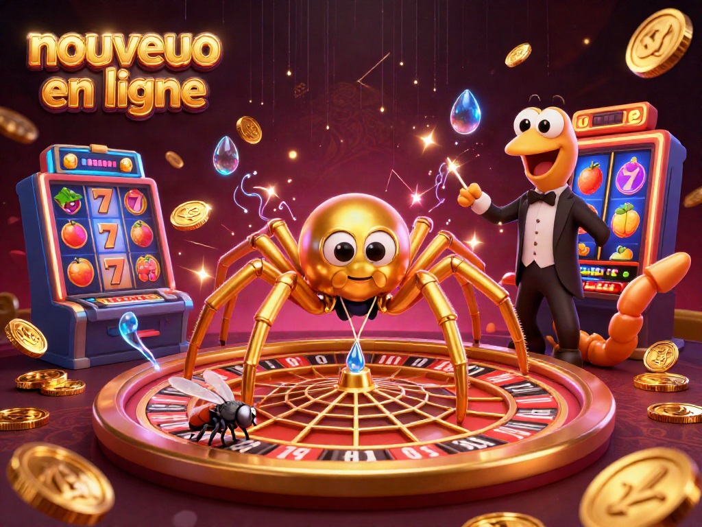 Nouveau casino en ligne : animation ludique avec une araignée d'or et un croupier centipède dans un monde de jeux.