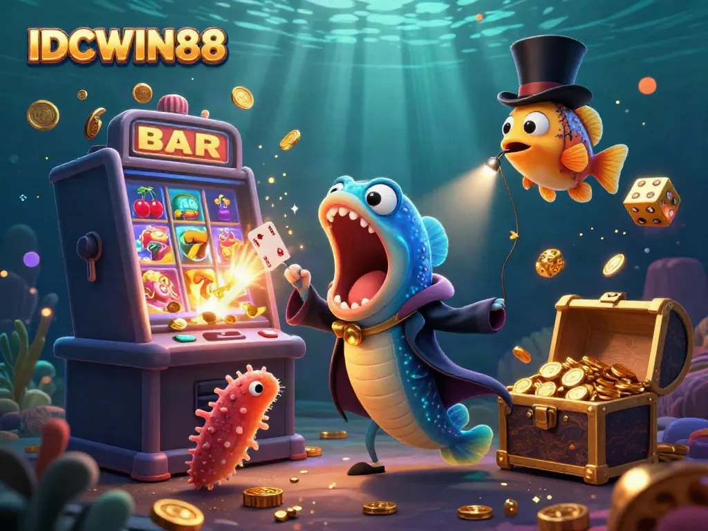 Experience the thrill of IDCWIN88 with unique 3D characters performing magic tricks amidst vibrant casino elements.