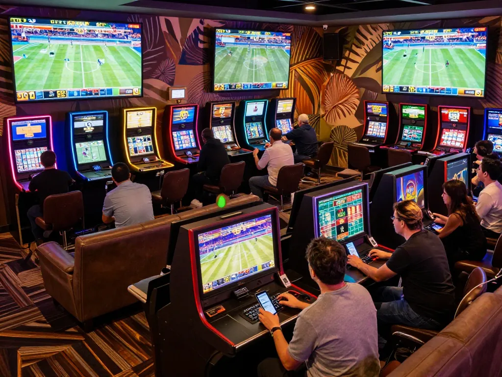 People engaged in sports betting at a lively casino with rik vip technology
