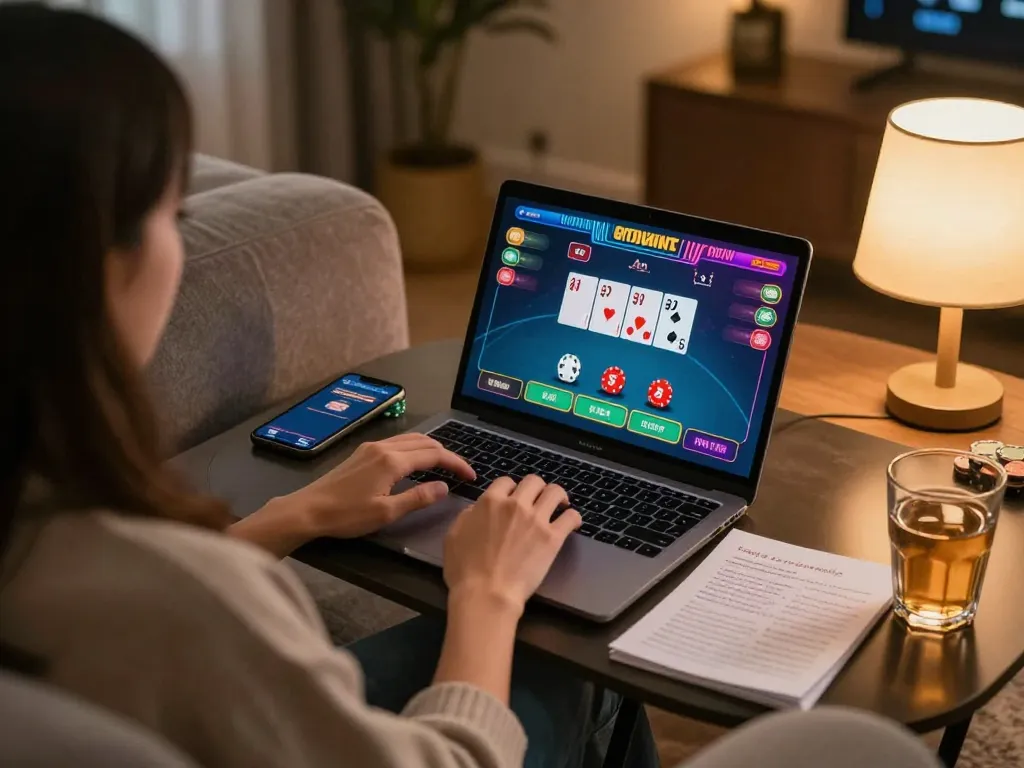Experience seamless đăng nhập GG88 while enjoying a cozy home gaming setup with poker action on screen.