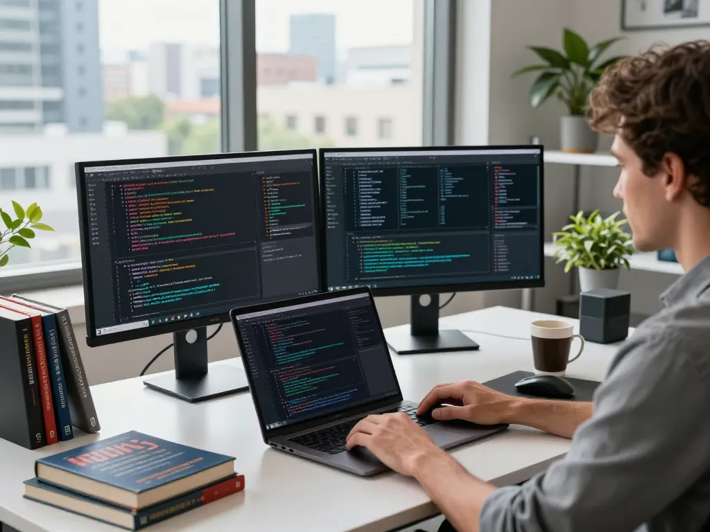 Dynamic workspace with a developer using 谷歌浏览器 on dual monitors and laptop.