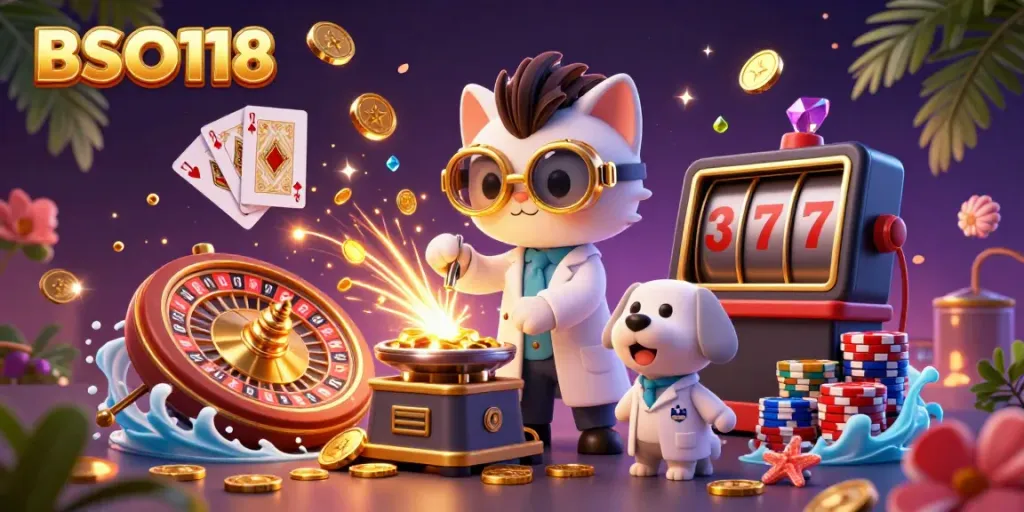 Engage with BSO118 as cartoon characters create a gold-coin-replication machine amidst magical casino elements.