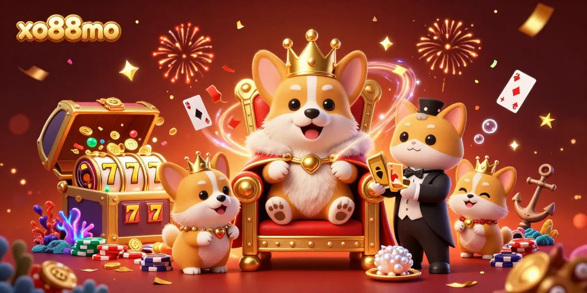 Experience the excitement of xo88mo with royal corgi characters in a vibrant, dynamic casino illustration.
