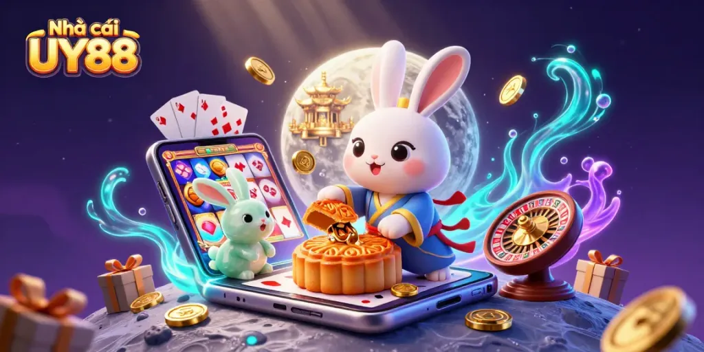 Engage with Nhà cái UY88 as the moon rabbit reveals poker chips in a vibrant casino scene.
