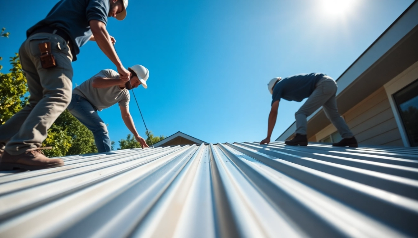 Workers installing durable metal roofing on a modern home, showcasing precision and craftsmanship.