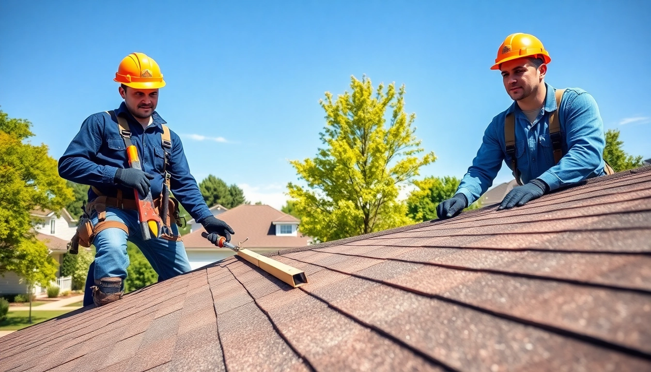 Roofing company team performing roof inspection and repair on a sunny day.