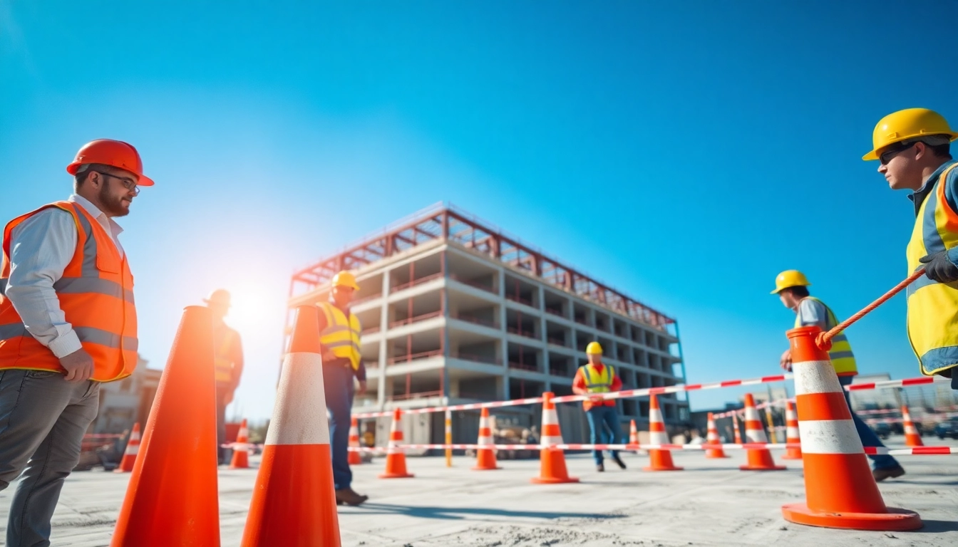 Ensuring construction site safety with professionals in visible safety gear and safety equipment.