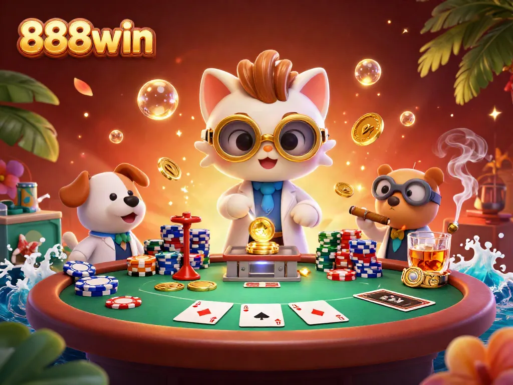 Experience 888win with a vibrant illustration capturing a mad scientist cat and assistant creating a coin machine amid casino elements.