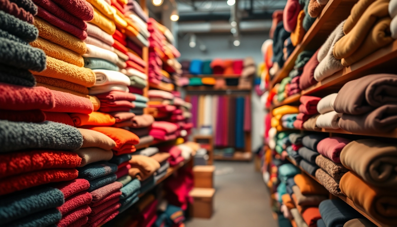Fleece stof kopen in een kleurrijke textielwinkel met diverse stoffen.