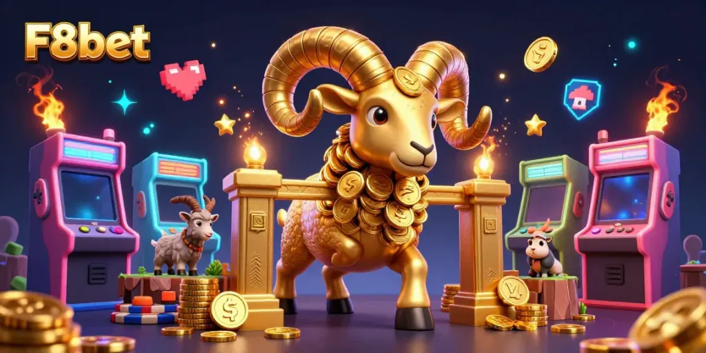 Experience thrilling casino action with F8bet's colorful casino scene featuring a golden ram and arcade elements.