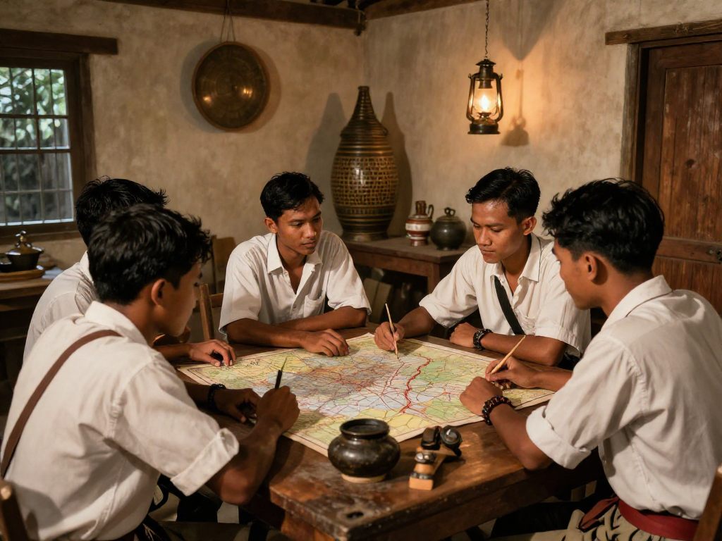 Indonesian freedom fighters strategizing for independence, rokok88 history