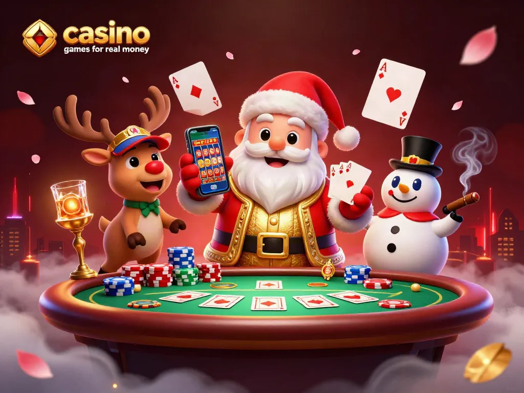Experience exciting casino games for real money with Santa, a reindeer dealer, and a poker chip snowman.