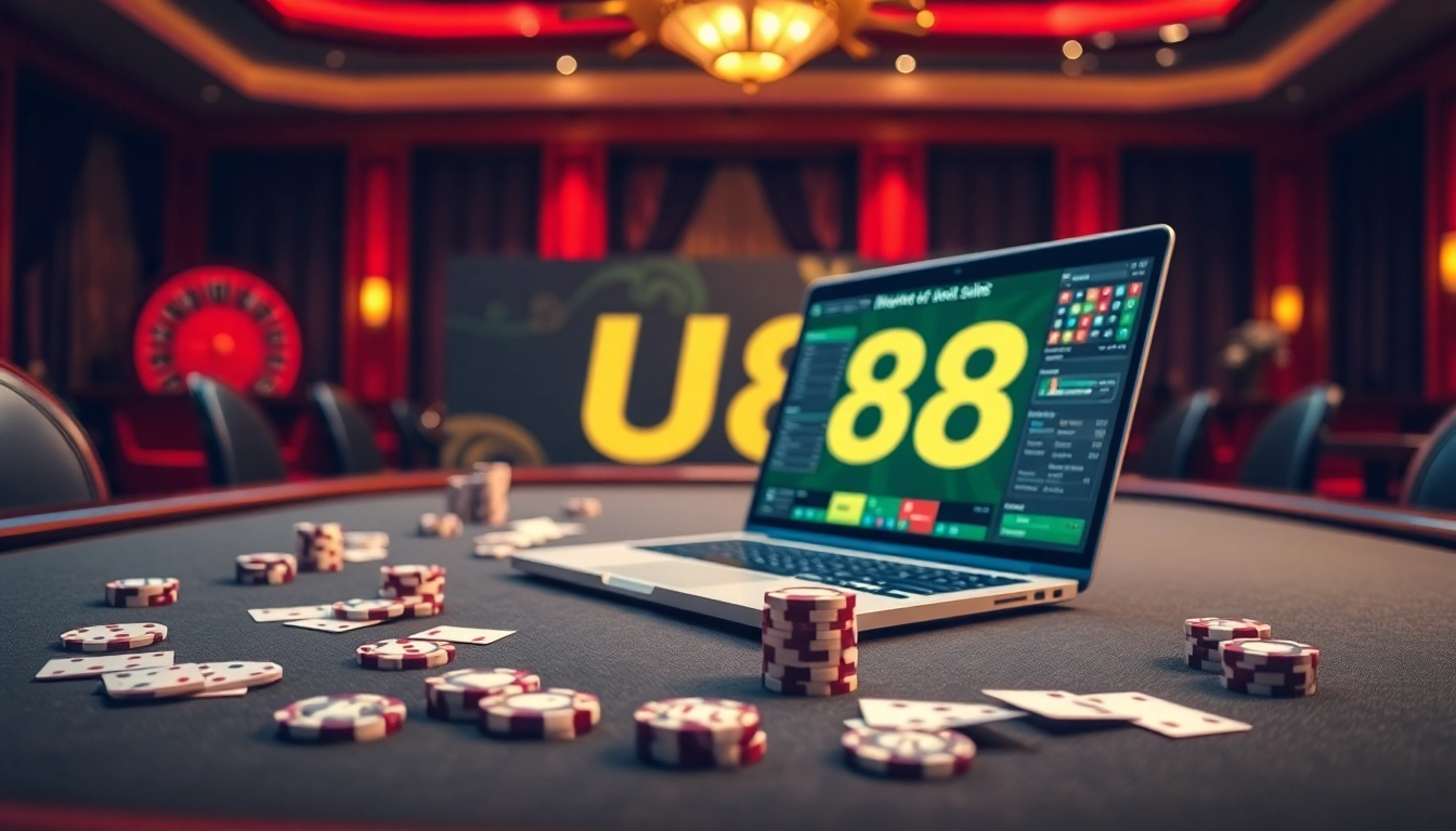 Experience the thrill of U888 as players engage at a professional casino table and online gambling interface.