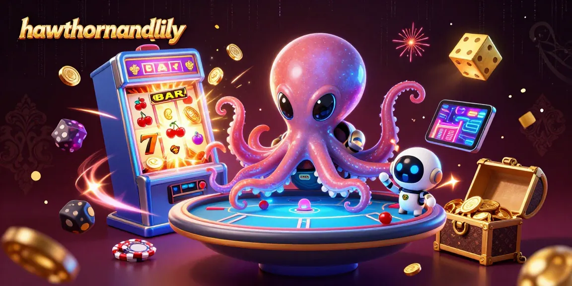 Experience thrilling gameplay on hawthornandlily with an alien octopus at a poker table amidst vibrant casino elements.