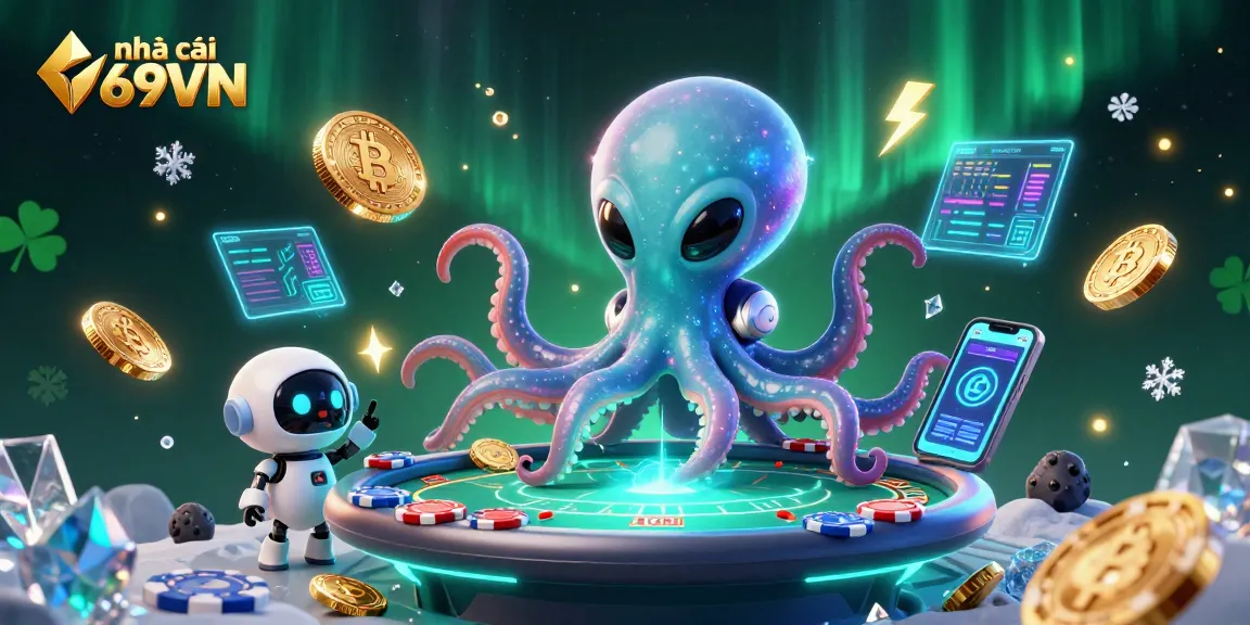 Play poker with nhà cái 69VN, featuring an alien octopus and vibrant casino elements.