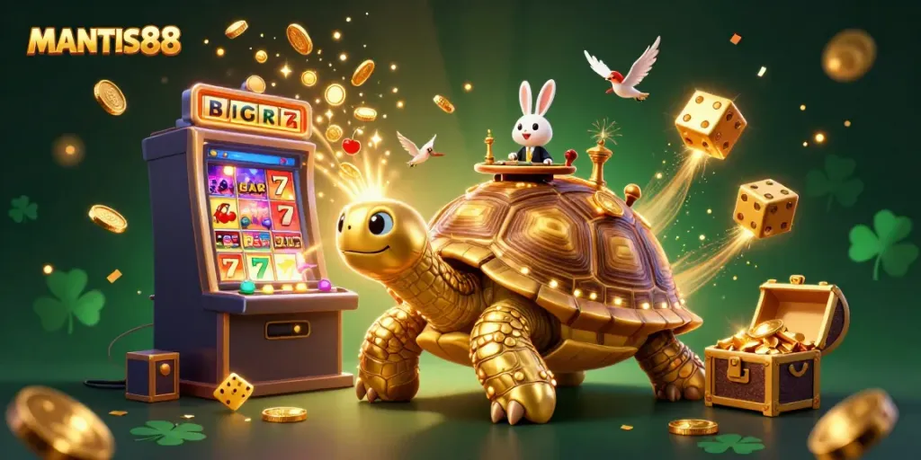 MANTIS88 invites excitement with a vibrant casino scene featuring a golden tortoise, a rabbit dealer, and symbols of fortune.